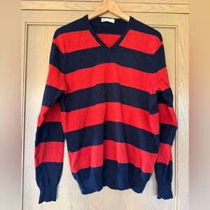J. Crew 2008 Collection Red and Navy Collegiate V-Neck Sweater Cotton/Cashmere